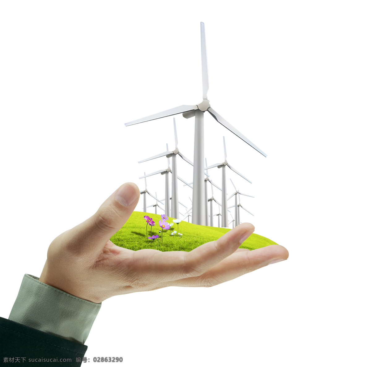 风能发电 风能 风力 风车 发电 蓝天 科技 能源 环保 现代科技 手心 里 草地 手 其他类别 生活百科 白色