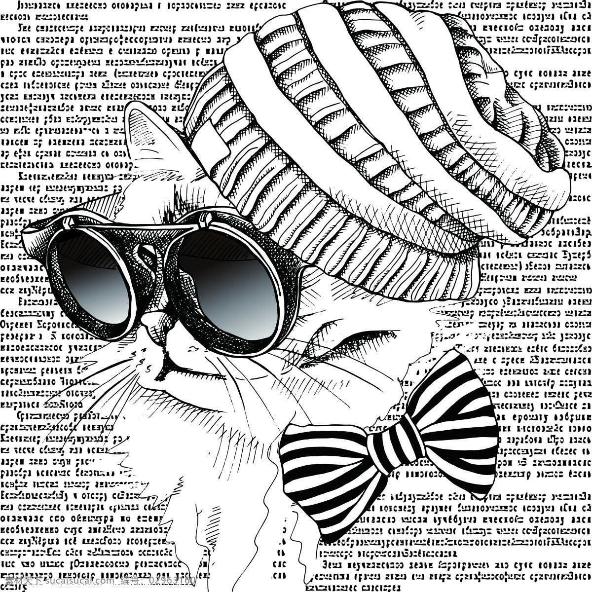 戴眼镜的猫猫 眼镜 帽子 领结 猫 黑白 报纸素材 环境设计 无框画