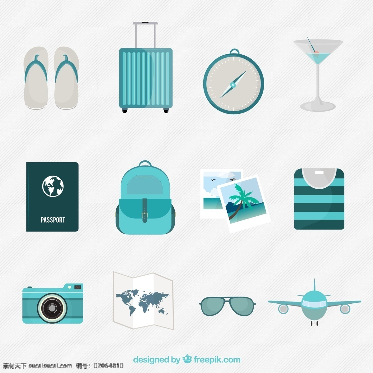 清新 旅行 图标 矢量图 拖鞋 鸡尾酒 行李箱 指南针 护照 背包 照片 衬衫 飞机 照相机 太阳镜 夏季 度假