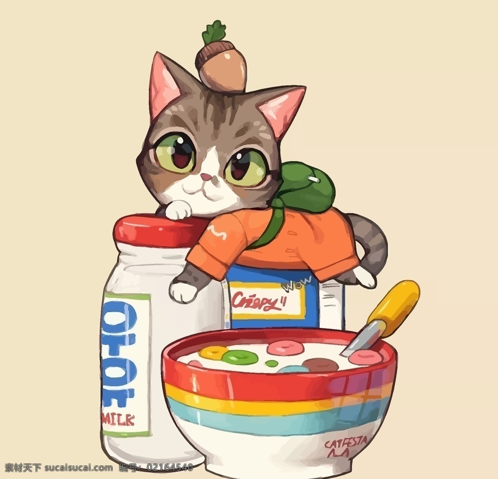 猫咪 牛奶 麦片 猫咪牛奶麦片 卡通 手绘