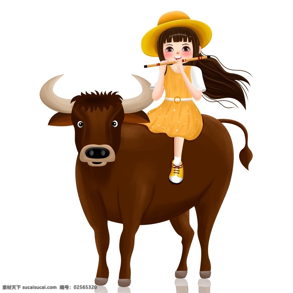 卡通 手绘 骑 牛 吹 笛子 女孩 创意 插画 牧童 放牛 小孩 吹笛子 清明时节