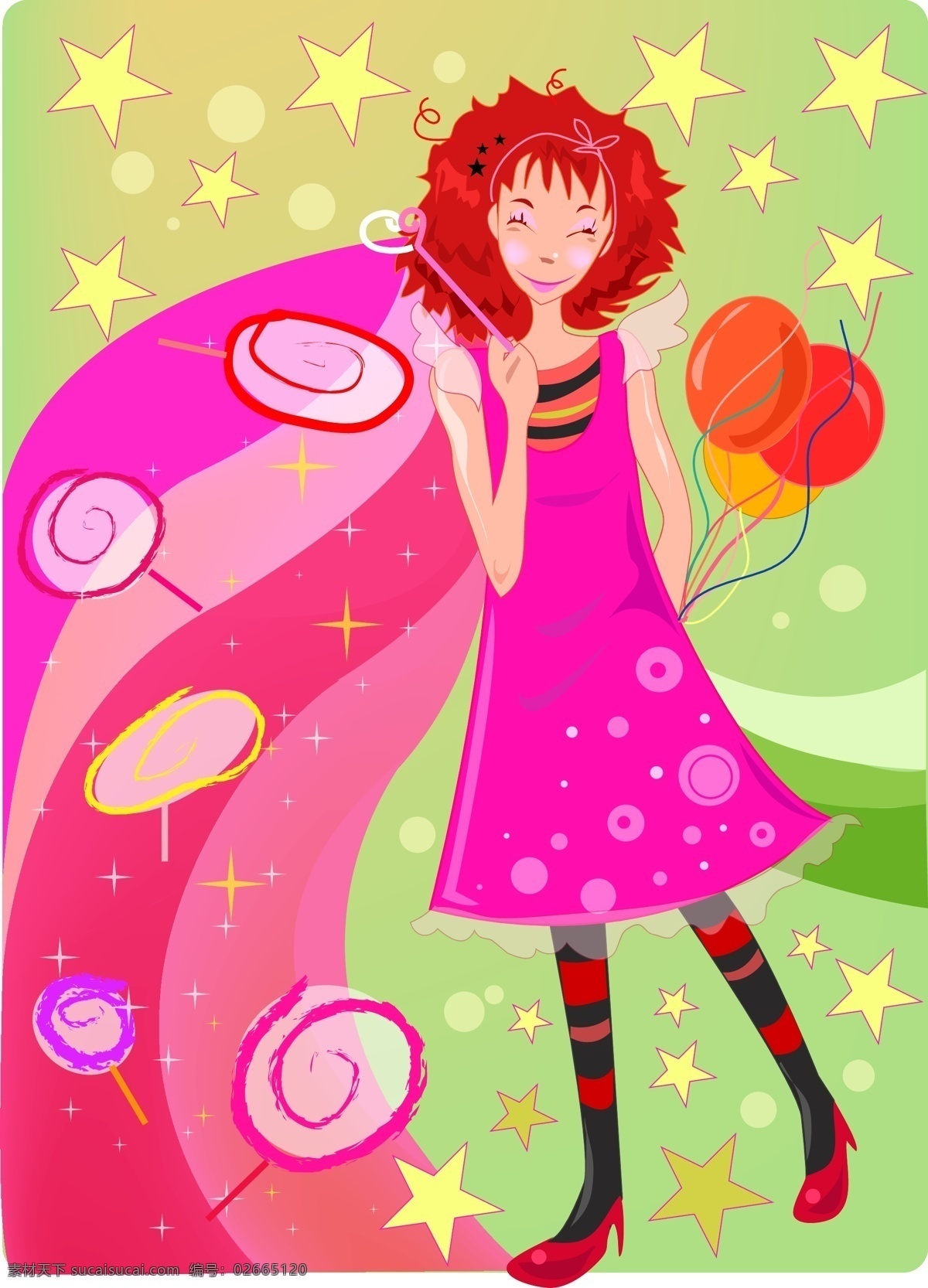 红 发 长裙 女孩 棒棒糖 卡通女孩 气球 矢量图 星星 其他矢量图