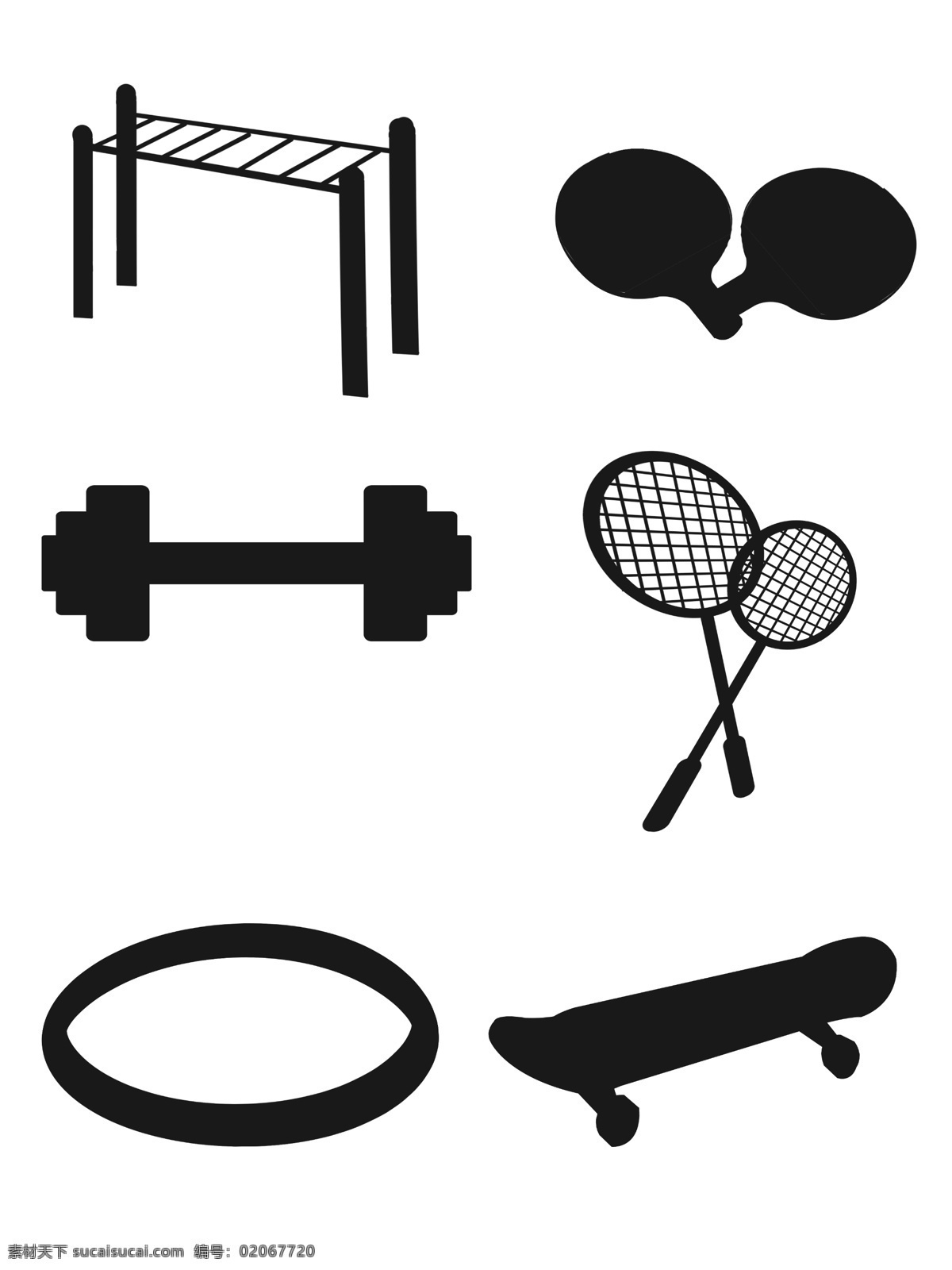 体育运动 器材 剪影 元素 体育 运动器材 设计元素 可商用 装饰 羽毛球拍 哑铃 呼啦圈 滑板 乒乓球拍