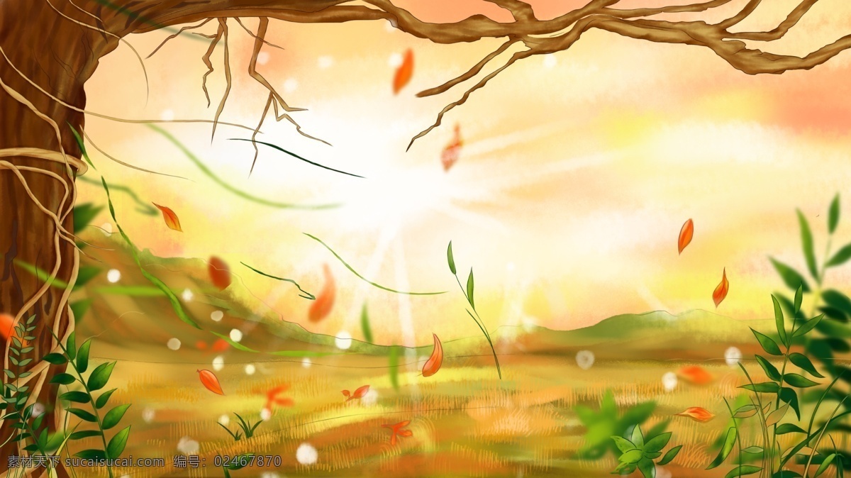 秋天 手绘 风景 背景 插画背景 植物背景 唯美 banner 治愈系背景 树林背景