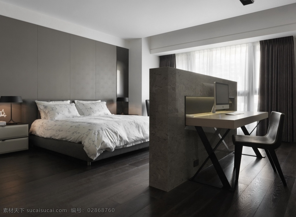 室内 卧室 现代 时尚 装修 效果图 实木地板 时尚大床 灰色调 创意隔断 简约桌椅 白色吊顶