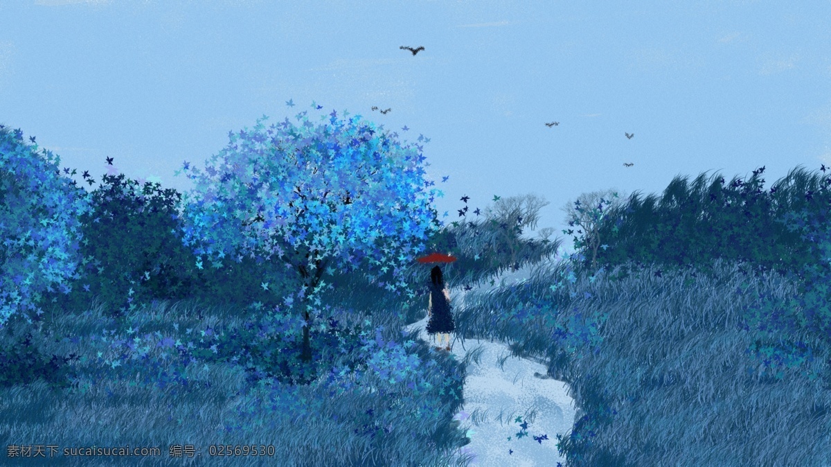 夏天 早晨 蓝色 系 幽静 原创 插画 树林 女孩 草地 清新 撑伞 小路 蓝调 寂静 树 山路 手机壁纸 插图 配图