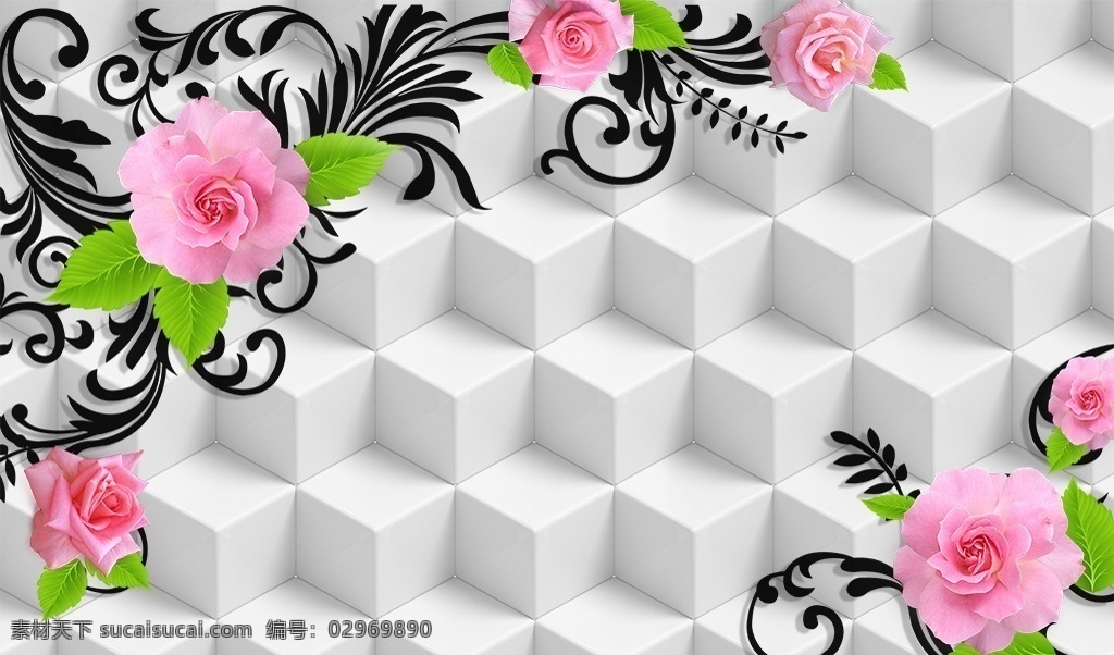 3d 方块 玫瑰 立体 粉红色 花藤 花卉 简约 分层 电视背景墙 装饰画 背景墙系列