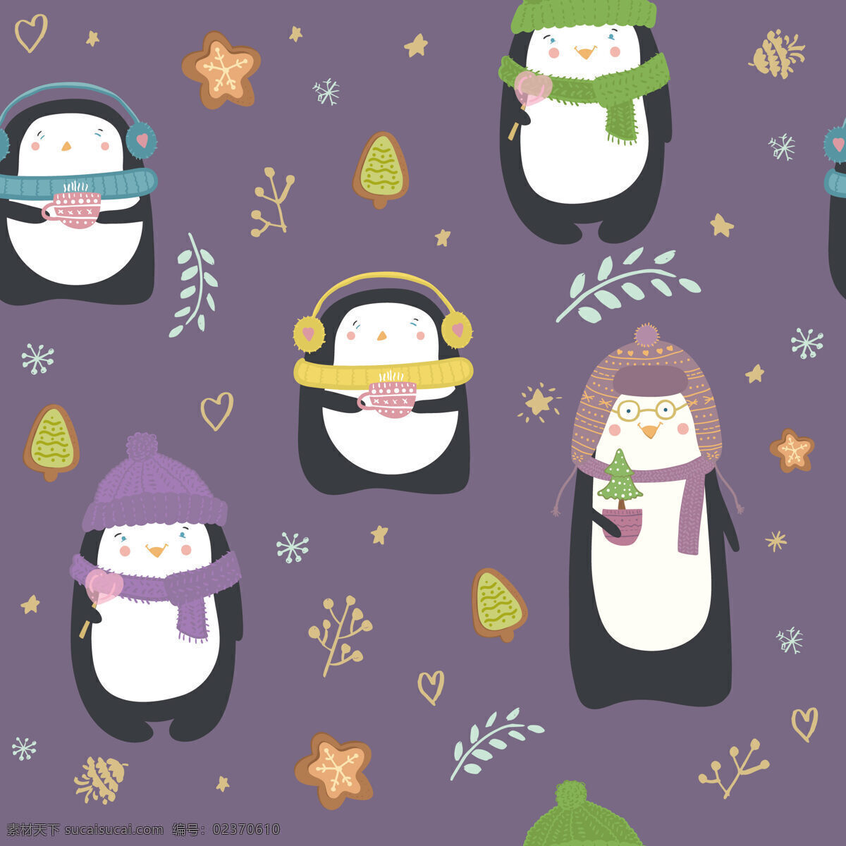 冬季 浪漫 紫色 企鹅 壁纸 图案 装饰设计 紫色底色 壁纸图案 企鹅图案 小星星 树叶