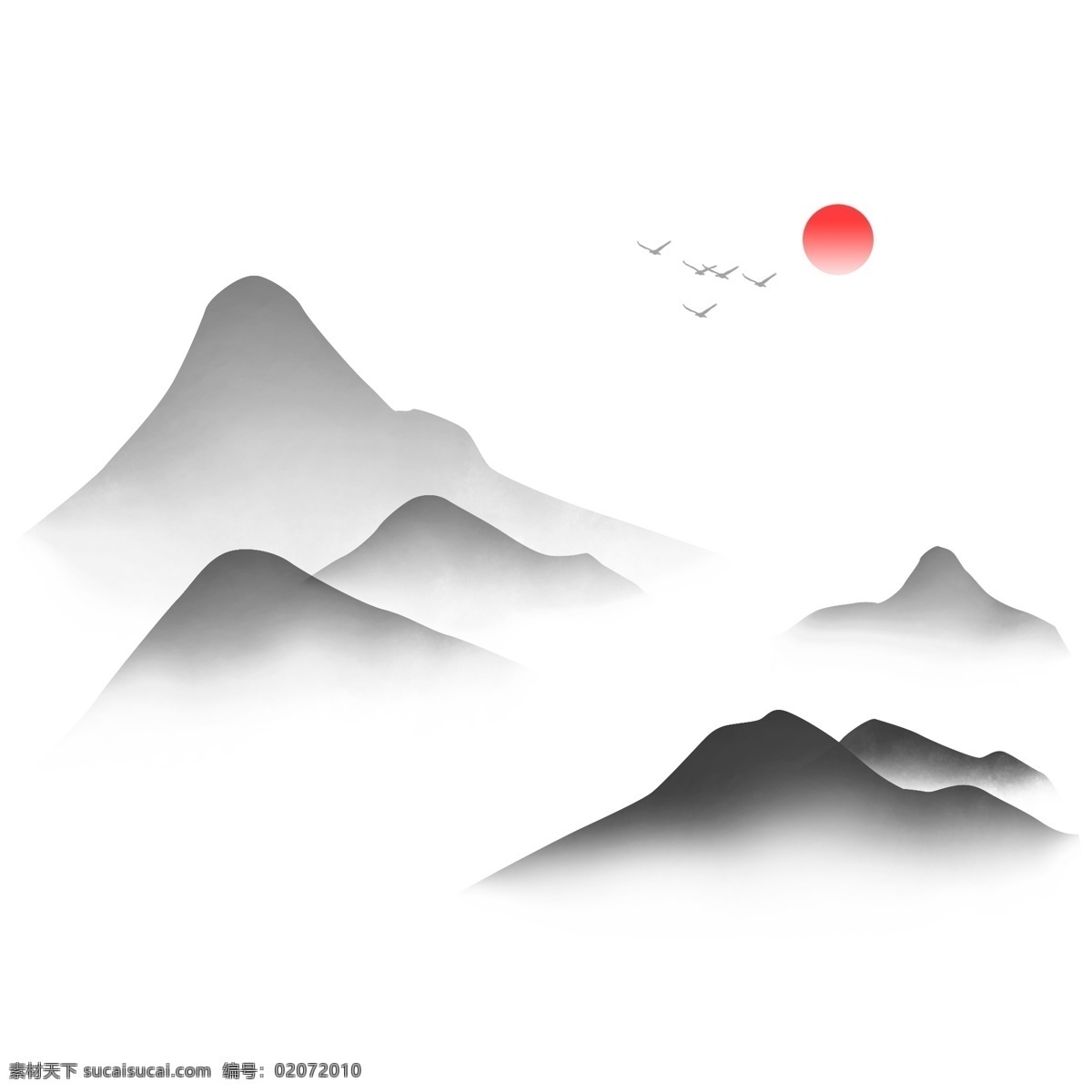 黑色 精品 水墨 山 商用 元素 太阳 飞鸟 可商用