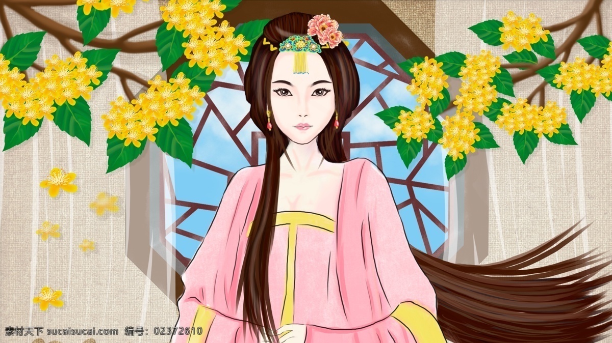 原创 古风 人物 古代 美女 插画 窗户 复古 古风人物 花 宫廷 古代美女