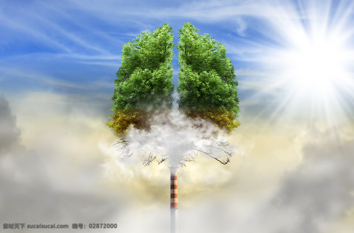 创意环保概念 树 肺叶 环境保护 环境染污 大气污染 烟囱 绿色环保 阳光 天空 云层 其他类别 生活百科 灰色