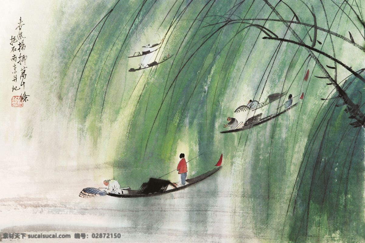中式风背景墙 渔舟 水波倒影 柳树 背景墙 背景图