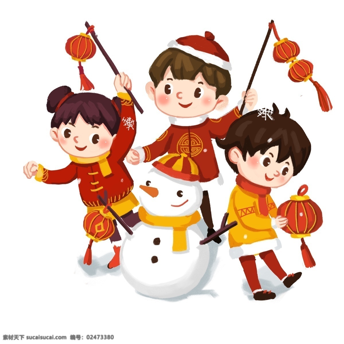 2019 年 手绘 中国 风 小朋友 堆 雪人 新年 中国风 拜年 蓝色 绿色 女孩 2019年 过新年 堆雪人 点灯笼 红衣服 三个人