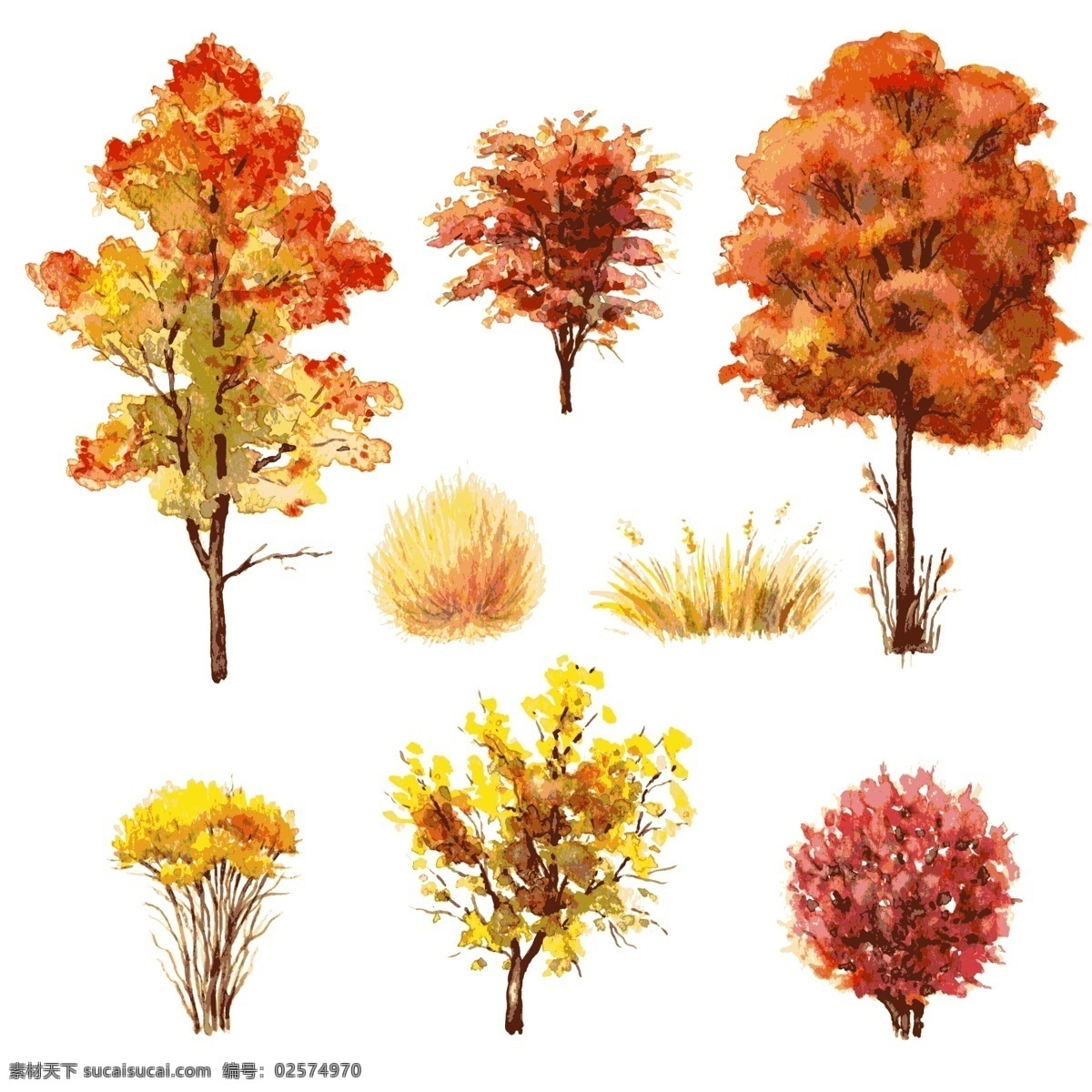 秋天树木 矢量树木 卡通树木 手绘树木 秋季树木 红色树叶 黄色树叶 树木集合 植物树木 生物世界 树木树叶