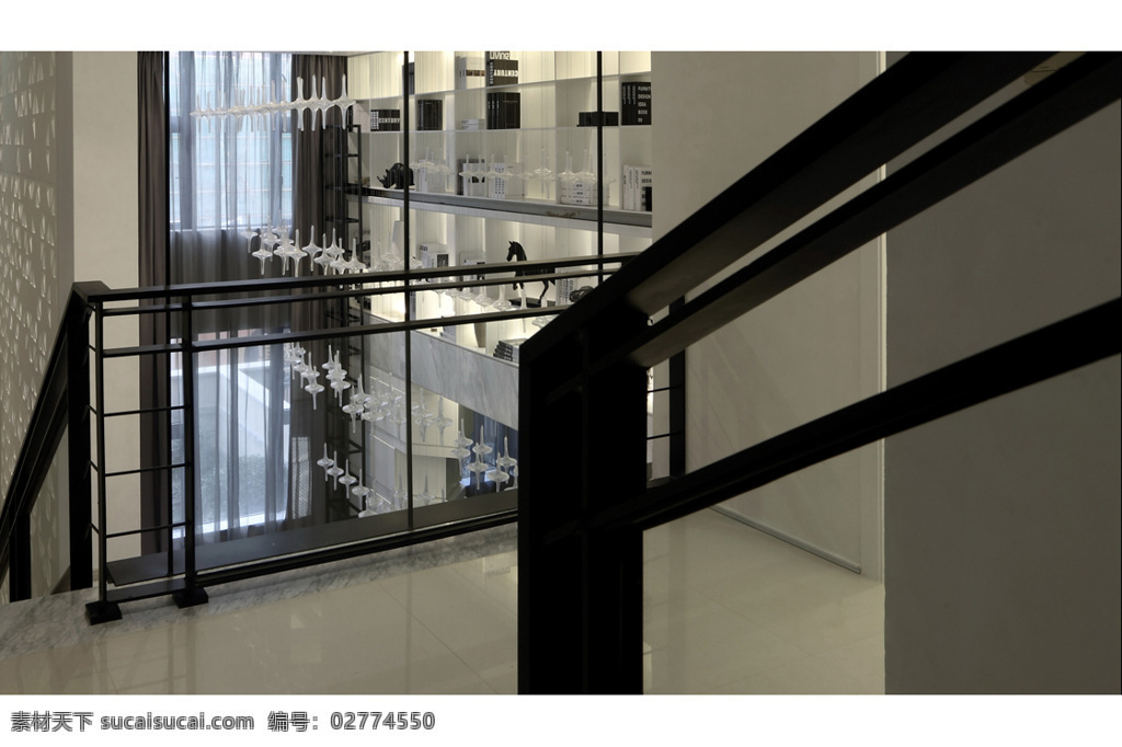 现代 时尚 客厅 黑色 楼梯 扶手 室内装修 效果图 客厅装修 瓷砖地板 白色背景墙 黑色扶手