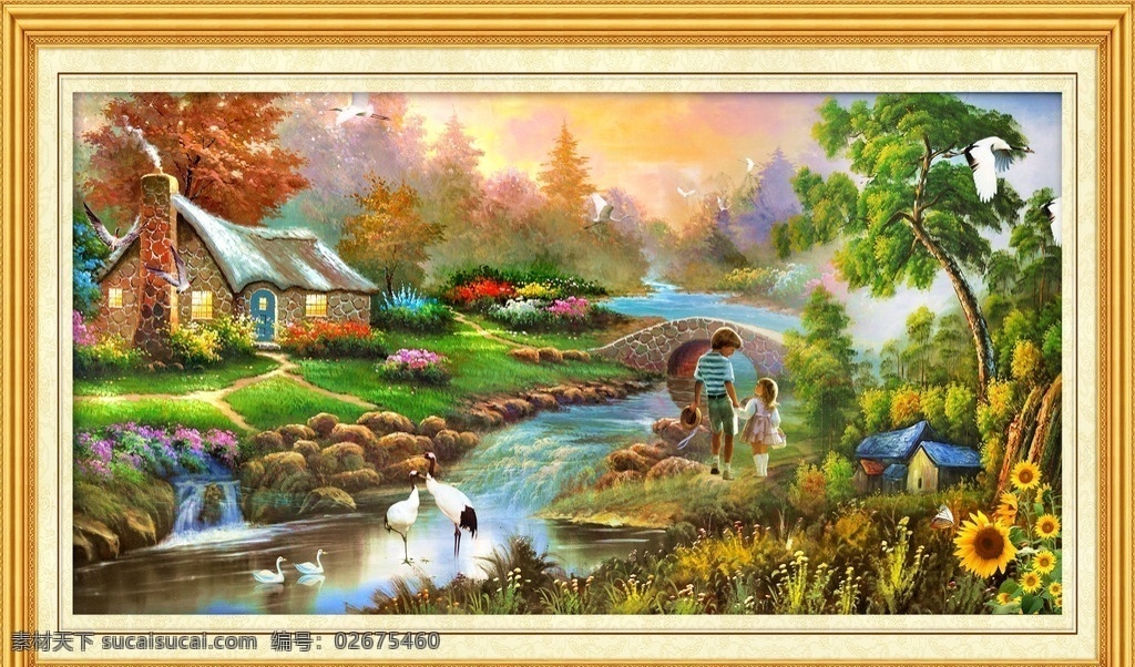 油画风景 中堂画 油画 壁画 风景壁画 风景山水壁画 山水画 瀑布 山水风景 瀑布风景 山水 风景画 自然风景 风景 客厅画 大厅画 风水画 家居装饰画 室内装饰画 室内装饰 休闲场所装饰 画框 相框 镜框 边框 山水挂画 山水壁挂 大树 天鹅 小屋飞鸟 太阳 雪山 湖光山色 蓝天 白云 仙鹤 中堂壁画 分层 源文件