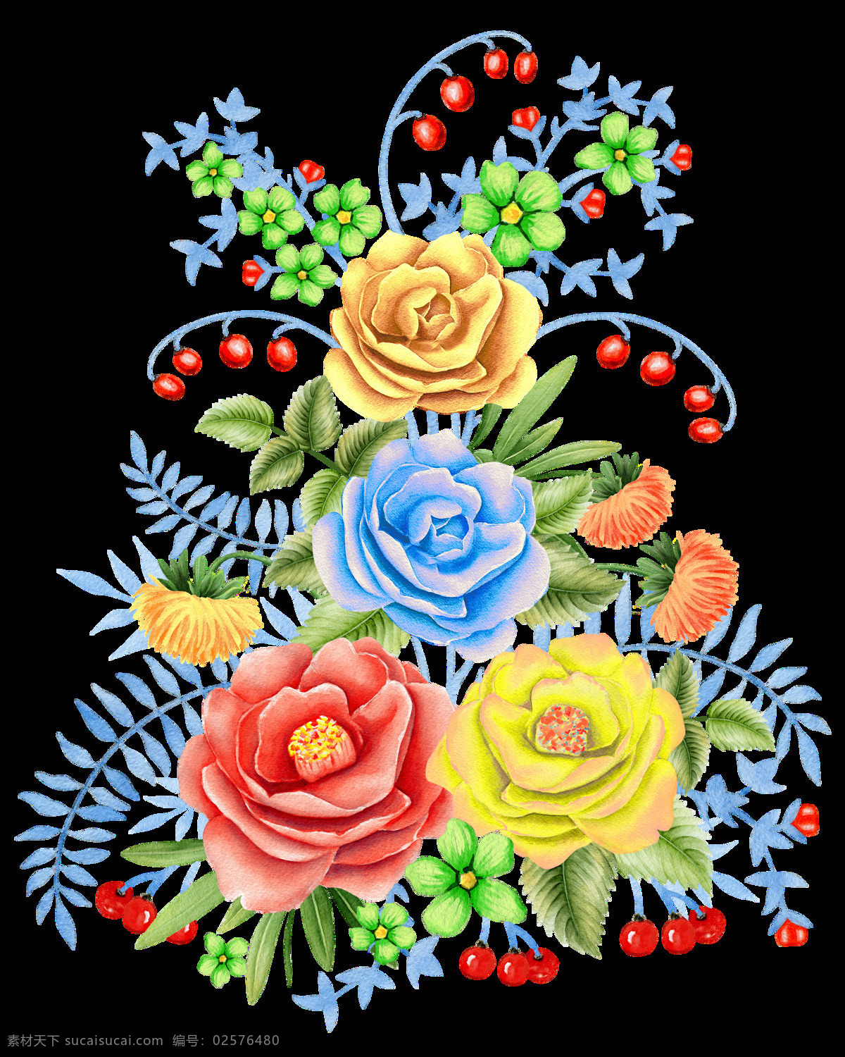 手绘 颜色 鲜艳 玫瑰花 透明 红色 蓝色 黄色 果子 绿色 透明素材 免扣素材 装饰图片