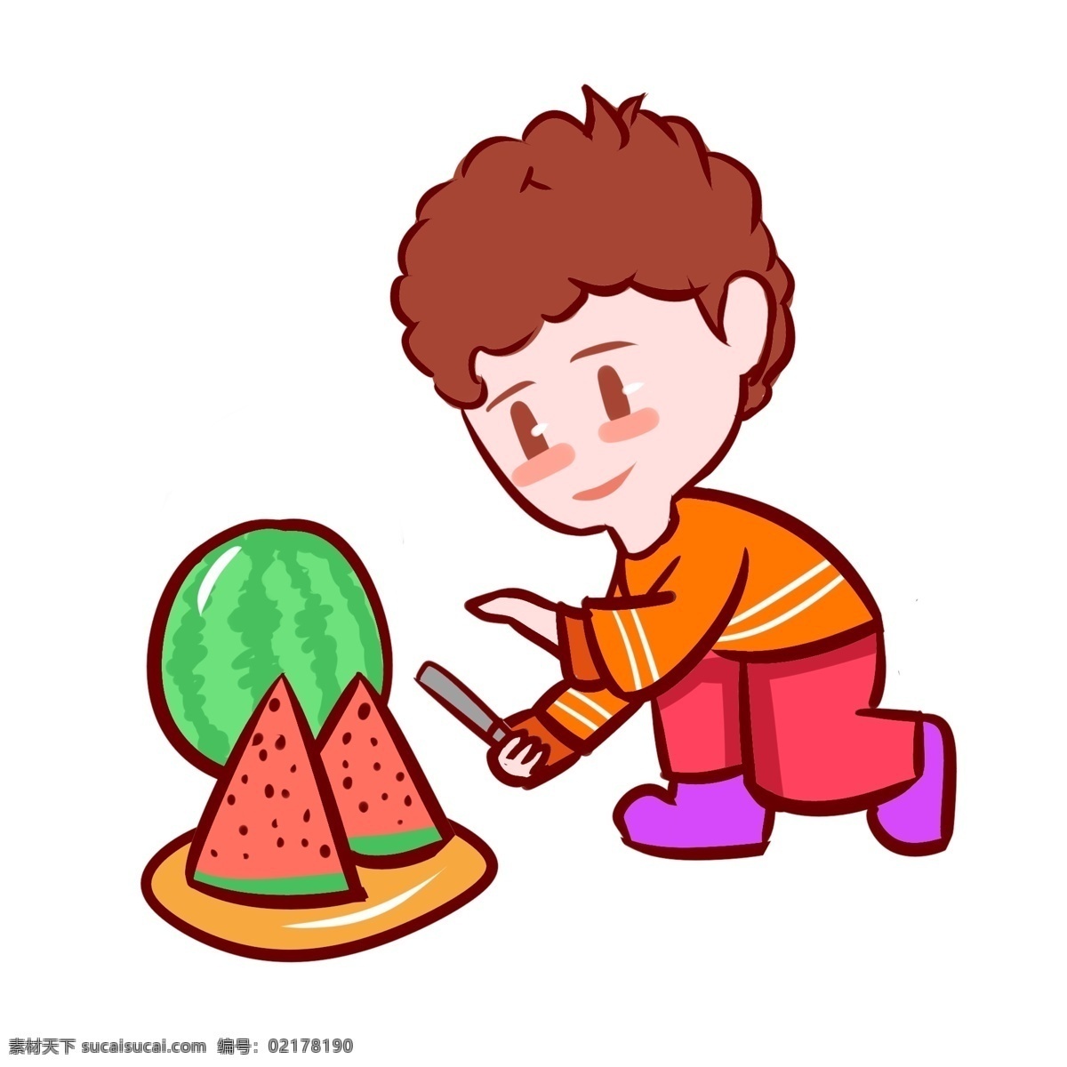 小 男孩 吃 西瓜 手绘 插画 卡通 风扇 小男孩 清爽 凉爽 夏天 夏季 嬉戏 开心 玩耍 童趣 避暑 降温 小清新