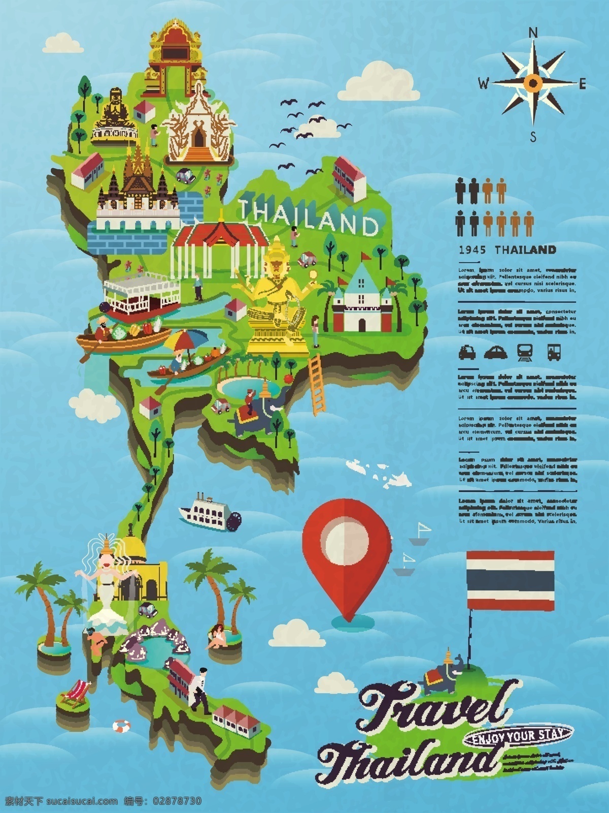 地图 立体 岛屿 泰国 旅游 场景 海报 元素 矢量 绿色 坐标 暑假 千手佛 插画 大象 电动三轮车 蛇 狮子