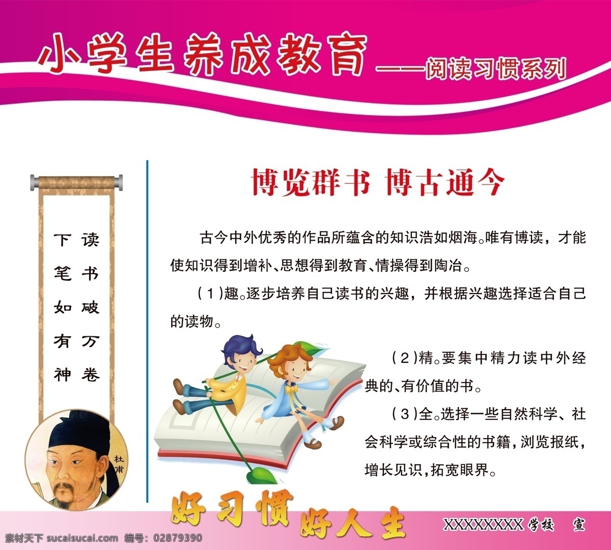 小学生 养成 教育 阅读 习惯 系列 养成教育 阅读习惯 善于交流 掌握方法 熟读精思 专心致志 持之以恒 博览群书 展板模板