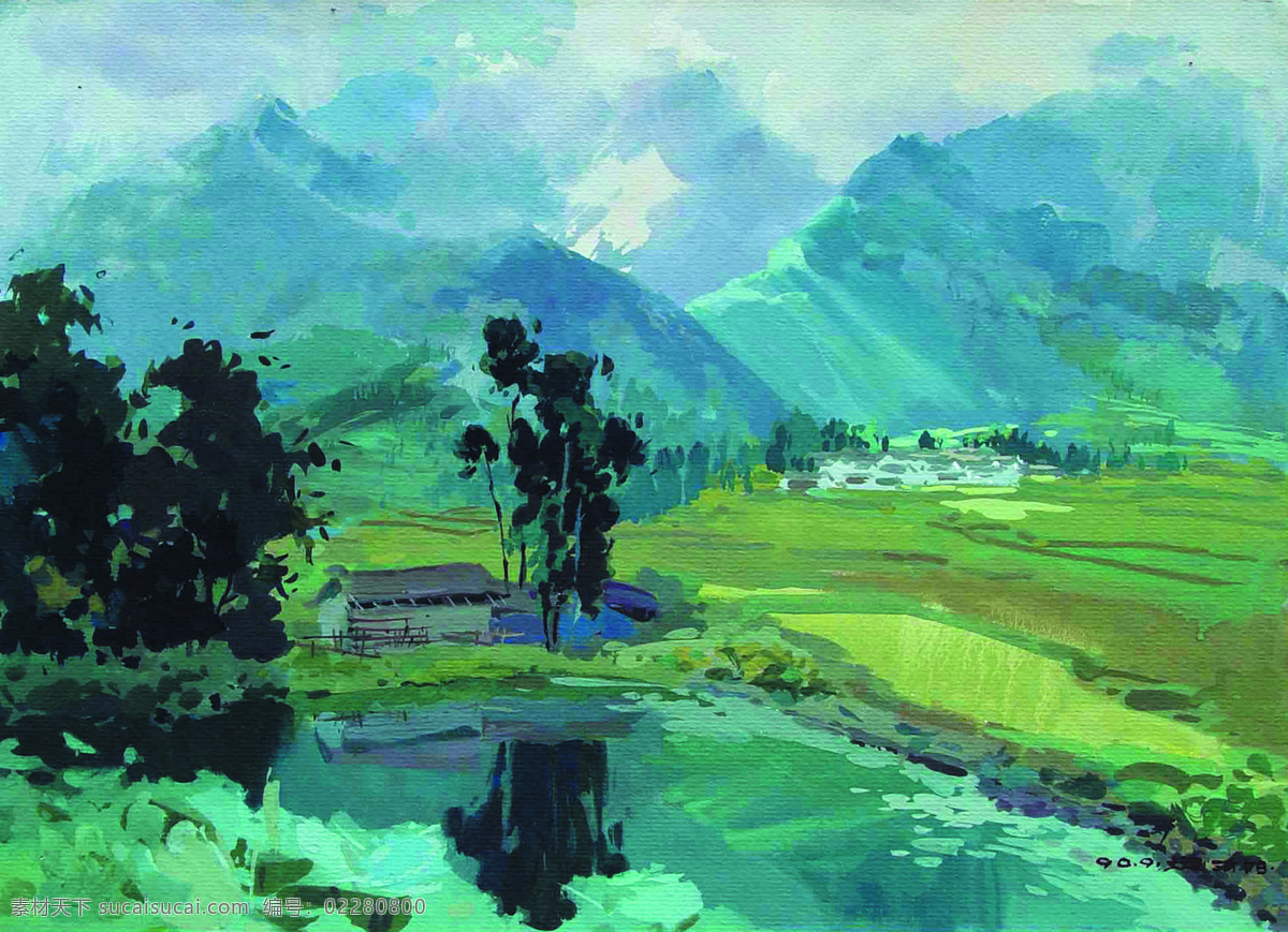 房屋 风景画 绘画书法 美术 山岭 树木 水粉画 山韵设计素材 山韵模板下载 山韵 田地 溪流 水粉画艺术 文化艺术 家居装饰素材 山水风景画