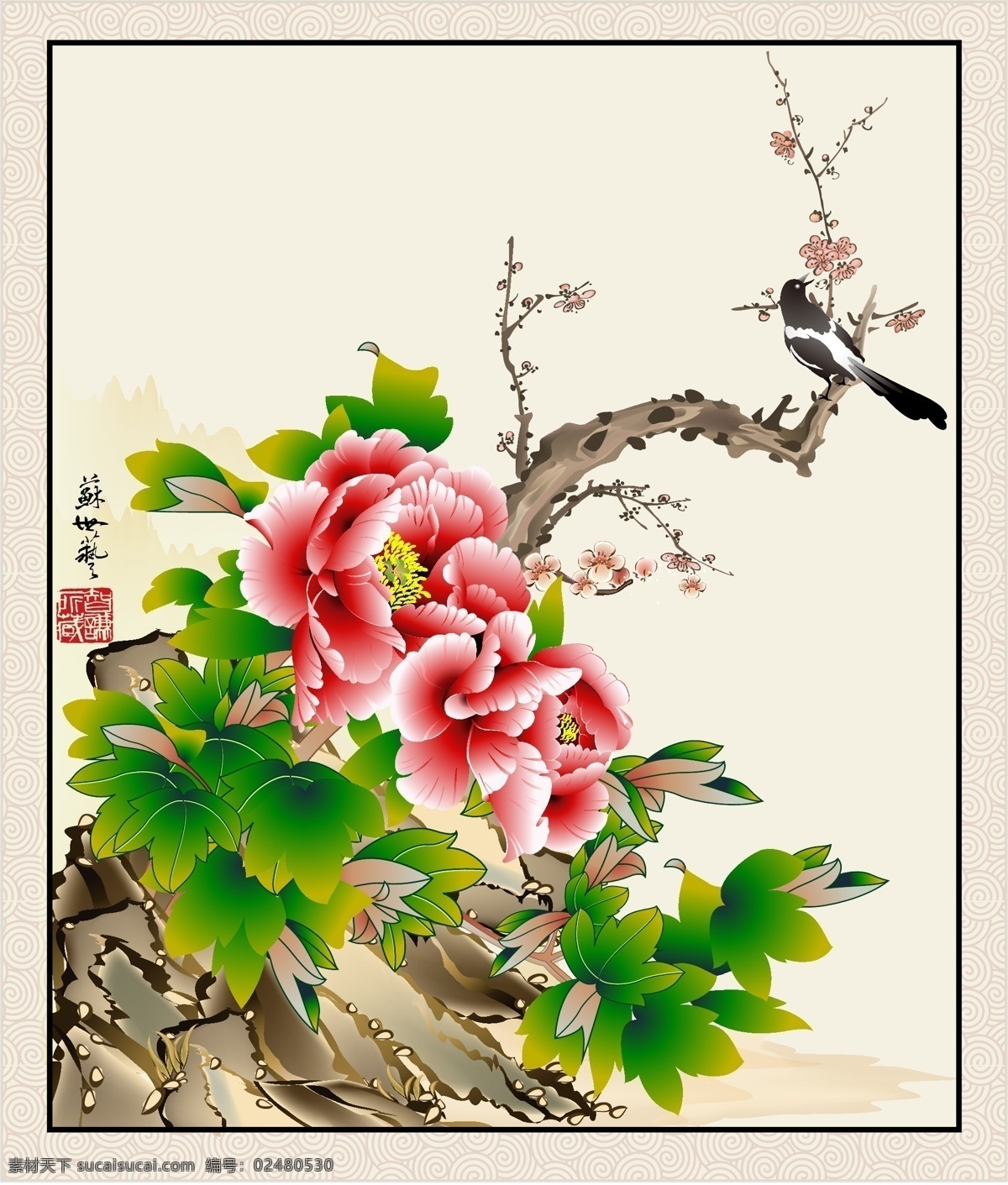 国画 花纹 牡丹 工笔鸟 矢量图 花纹花边