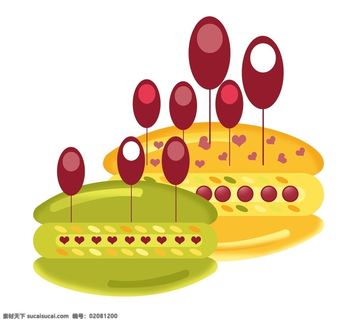 彩色 美味 小 面包 装饰 绿色 插画 爱心面包食材 深红色装饰品 美味的小面包 黄色食物插画 彩色小面包