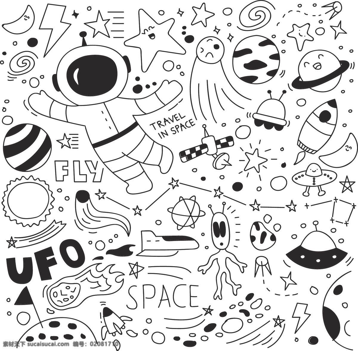 线描 宇航员 太空 元素 太空涂鸦 矢量太空图 线描太空元素 星球 星际 ufo 外星人 飞碟 太空人 星星 宇宙太空 招贴设计