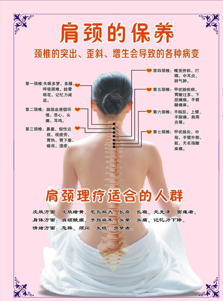 肩颈的保养 美容 养生 背部 五行经络 保健 护理 展板模板