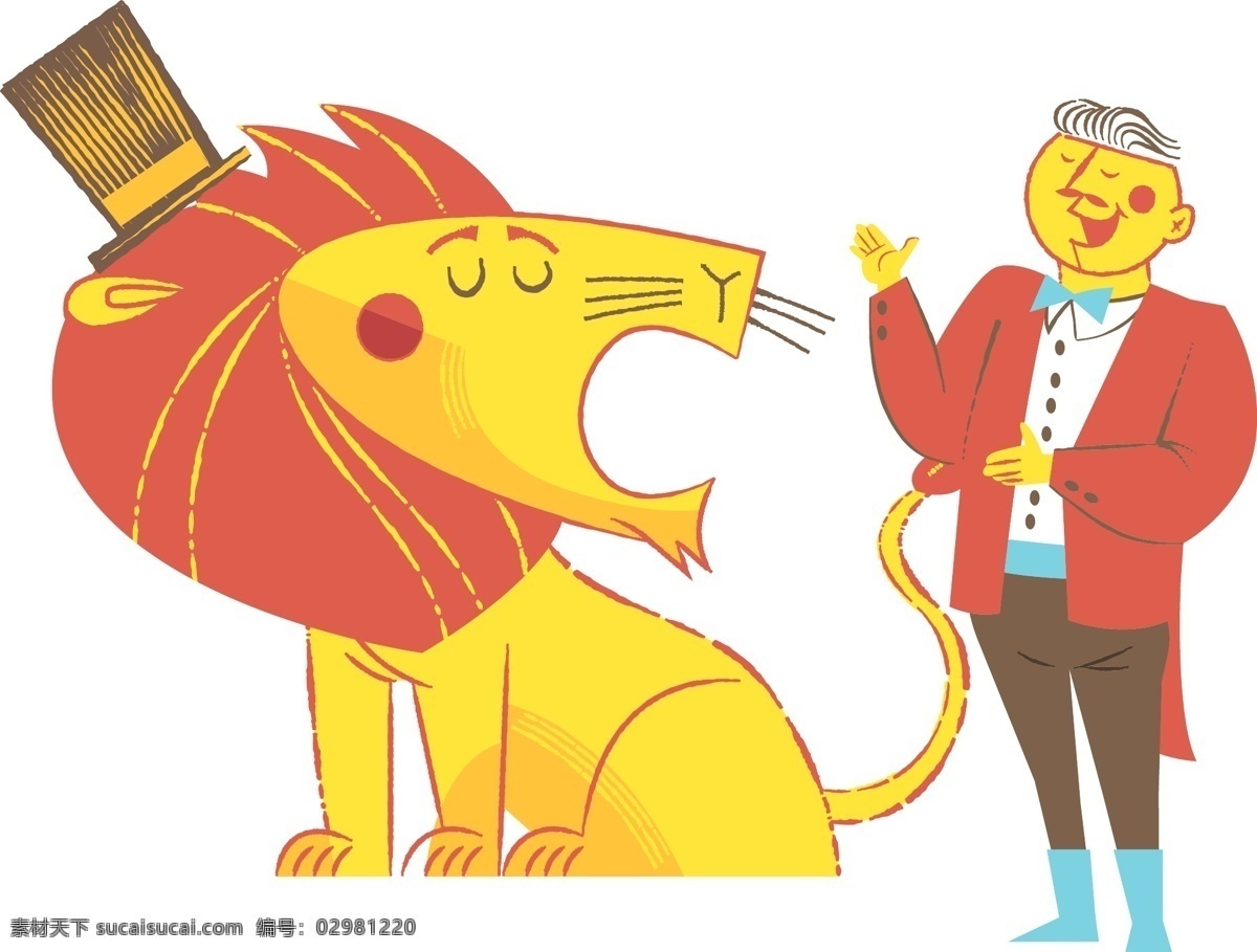 卡通 马戏团 驯兽师 矢量 卡通狮子 戴帽子的狮子 卡通驯兽师 卡通魔术师 马戏团狮子 马戏团驯兽师