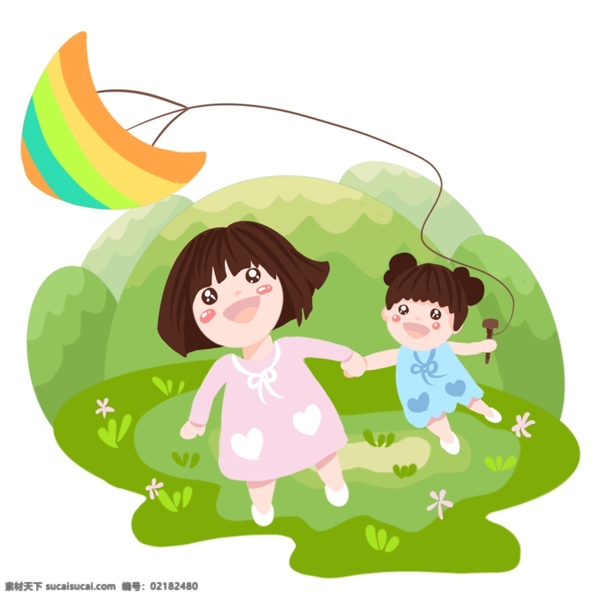 手绘 卡通 春天 草地 放风筝 女孩 放风筝场景 放风筝女孩