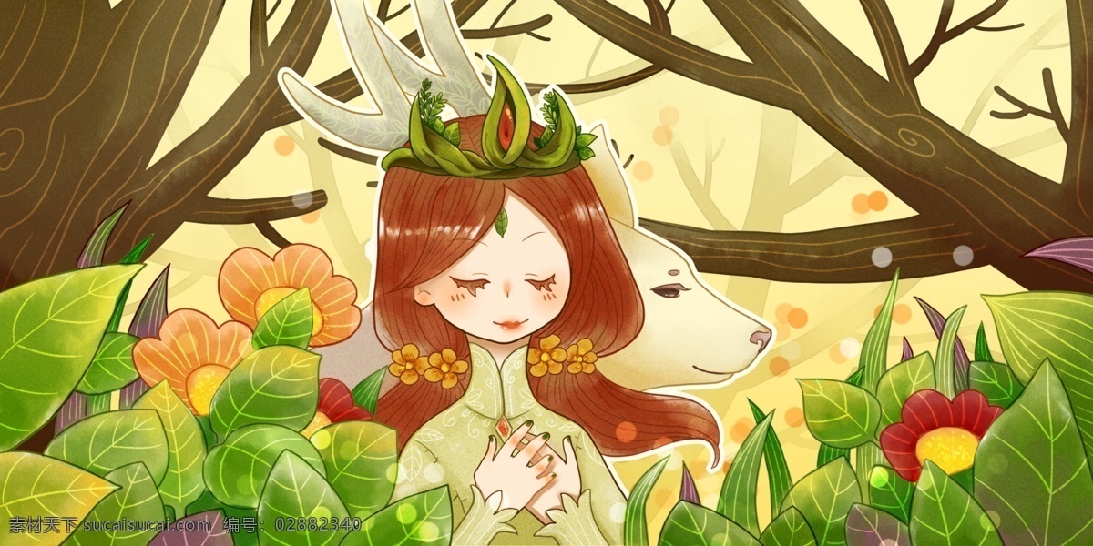 森林 公主 红 发 白鹿 女孩 植物 红发 花