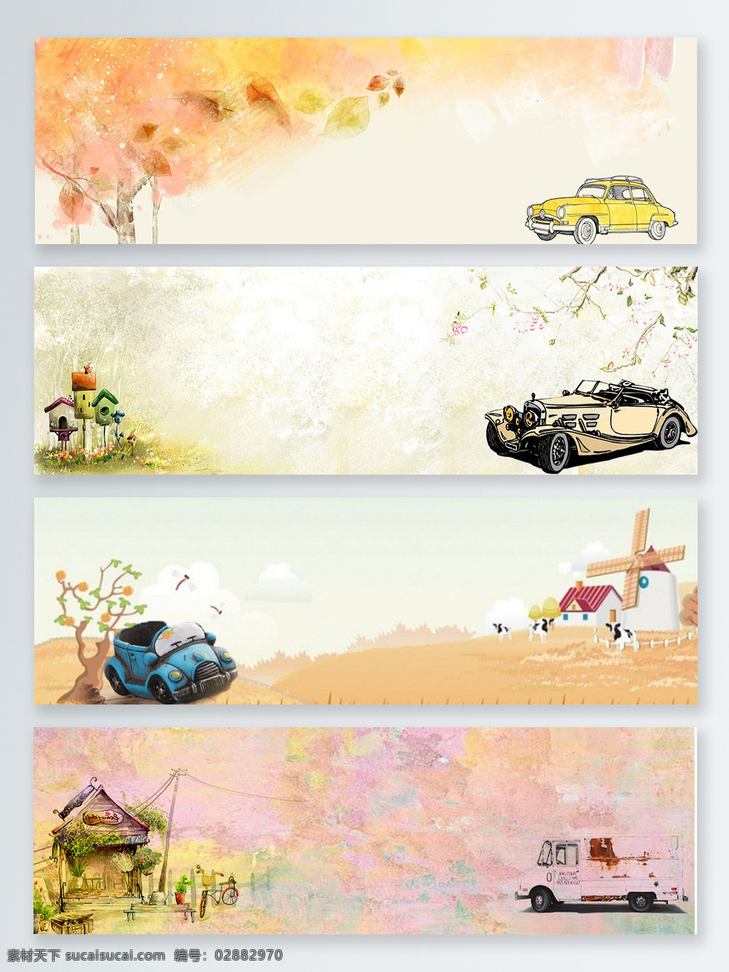 banner 图 彩绘 复古 怀旧 卡通 汽车 手绘 背景