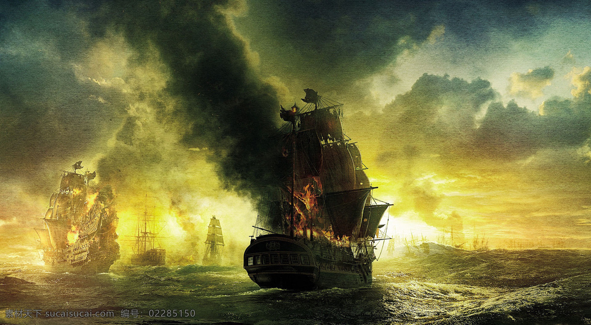 加勒比海盗 桌面 壁纸 海面 船 火 海浪 烟 夕阳 乌云 海战 影视娱乐 文化艺术