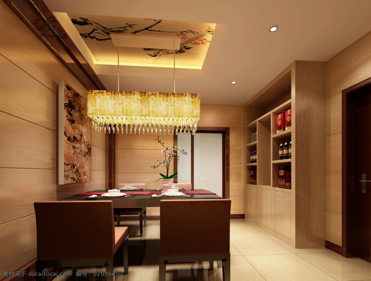 餐厅 彩绘 餐桌 环境设计 室内设计 彩绘天花 艺术吊灯 四人餐桌 米黄地砖 家居装饰素材