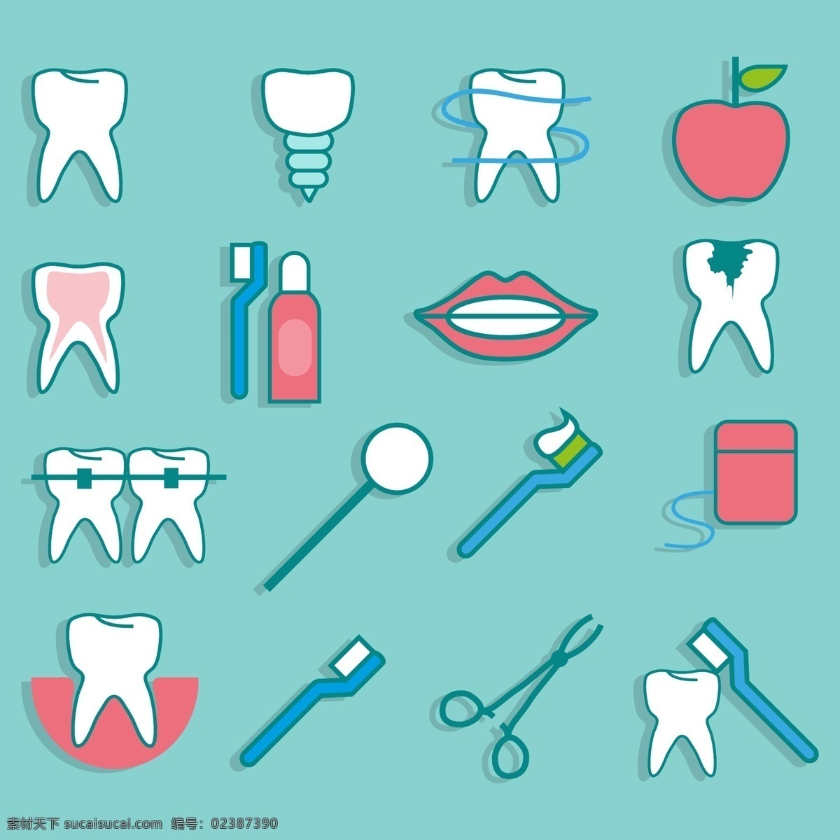 设置 平面 样式 象牙 牙齿 矢量牙齿 刷牙 青色 天蓝色