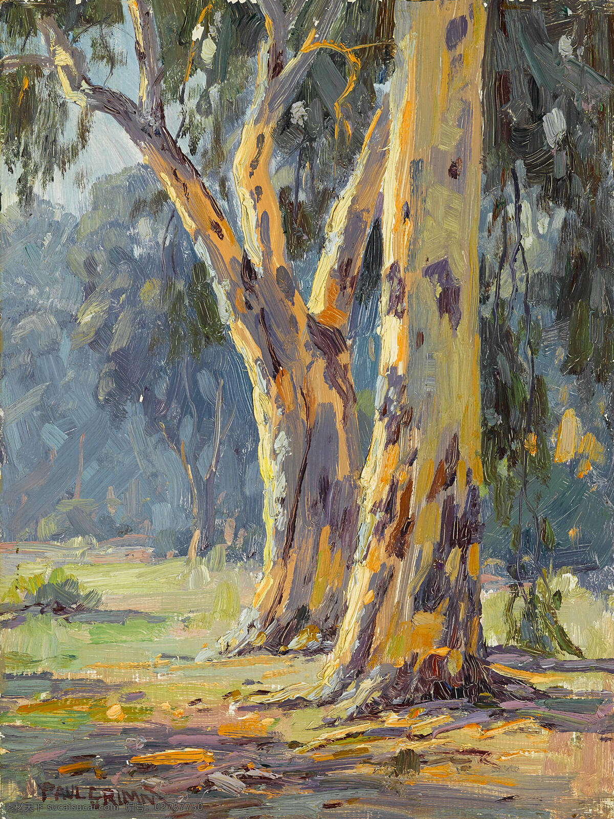 树林 阳光普照 春季 两棵大树 草地 20世纪油画 油画 文化艺术 绘画书法