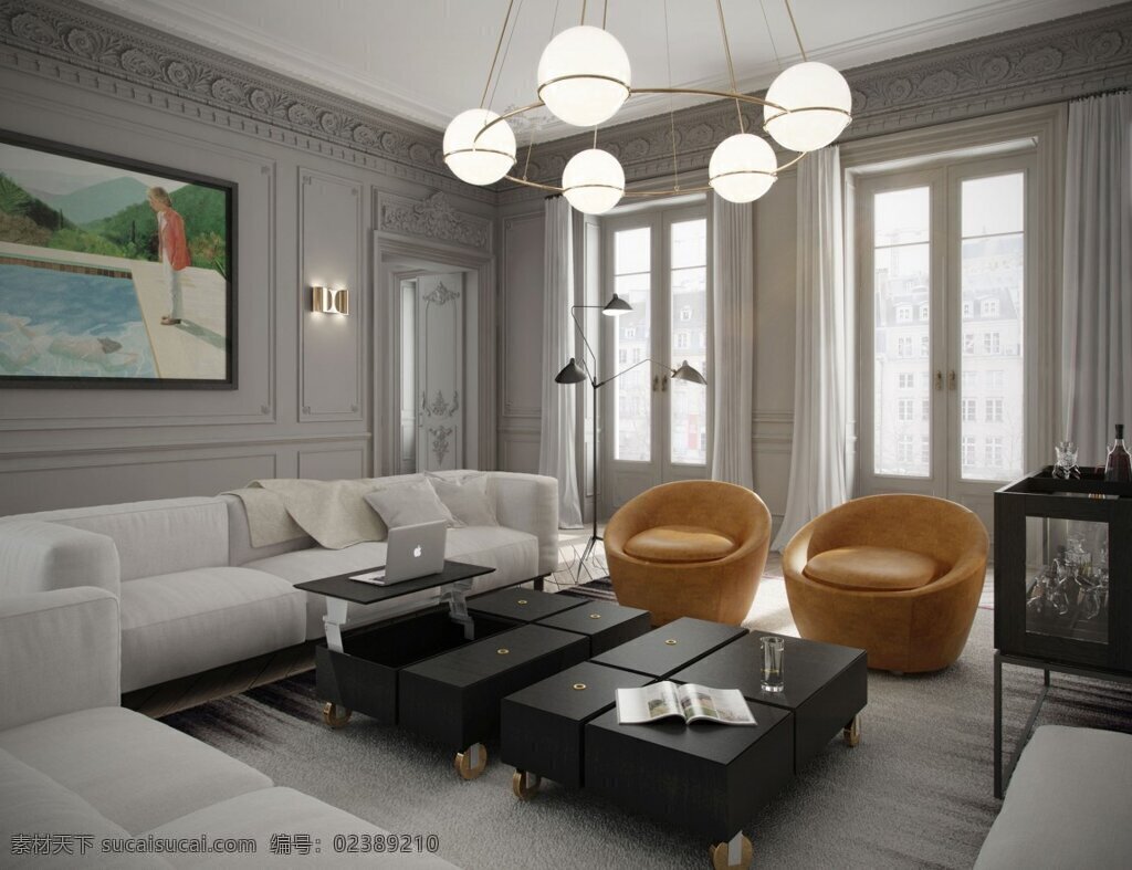 简约 客厅 壁画 装修 效果图 窗户 个性吊灯 灰色窗帘 灰色地板砖 灰色沙发
