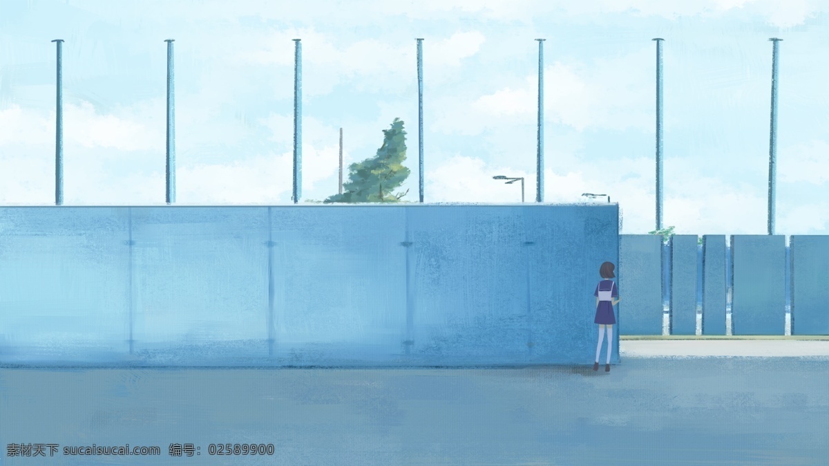 原创 插画 治愈 系 开学 季 上学 路上 开学季 小清新 女孩 路口 校服 日系 上学路上
