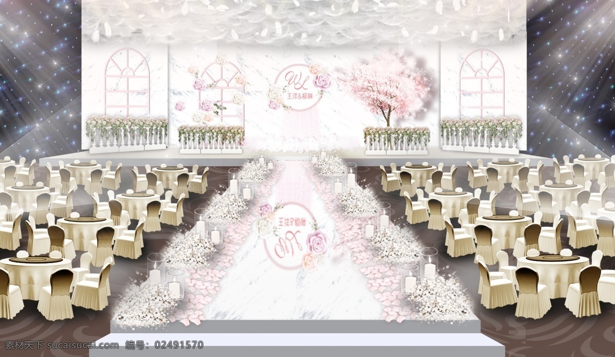 白 粉色 婚礼 效果图 结婚 婚庆 工装 羽毛 白粉色效果图 浅色系 欧式栏杆