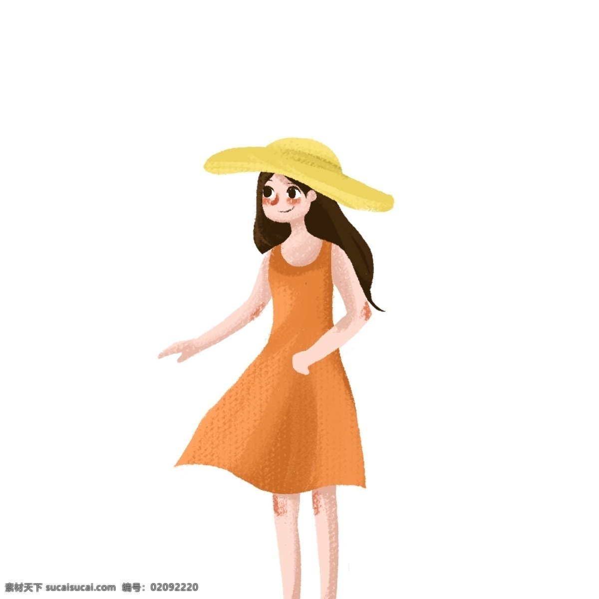 戴 草帽 漂亮 女孩 免 扣 图 橙色连衣裙 戴帽子的女人 卡通 长头发 戴草帽的 漂亮女孩 免扣图