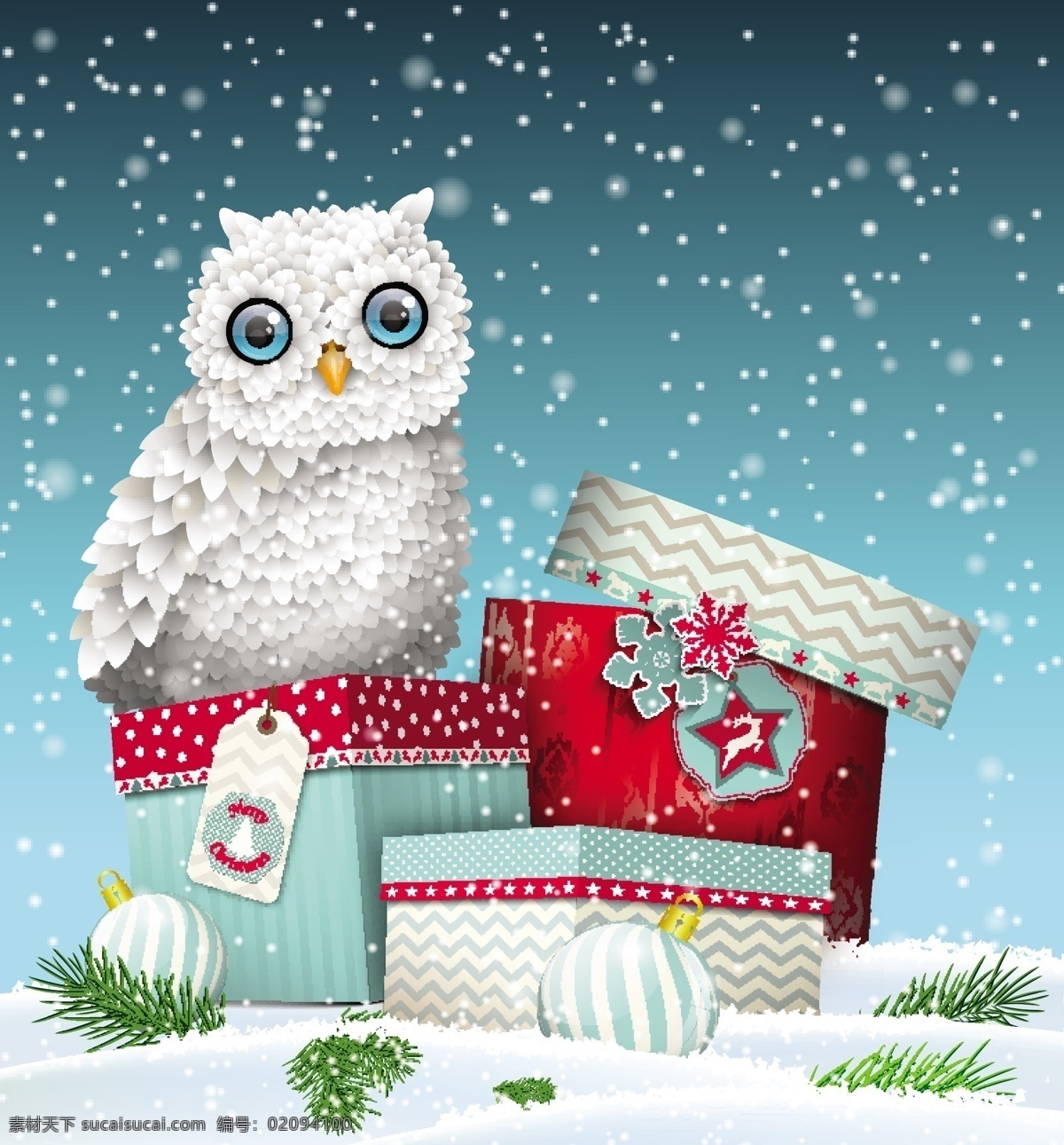 圣诞 猫头鹰 插画 猫罐头 圣诞礼物 雪 圣诞背景 圣诞图案 圣诞节 节日素材 矢量素材