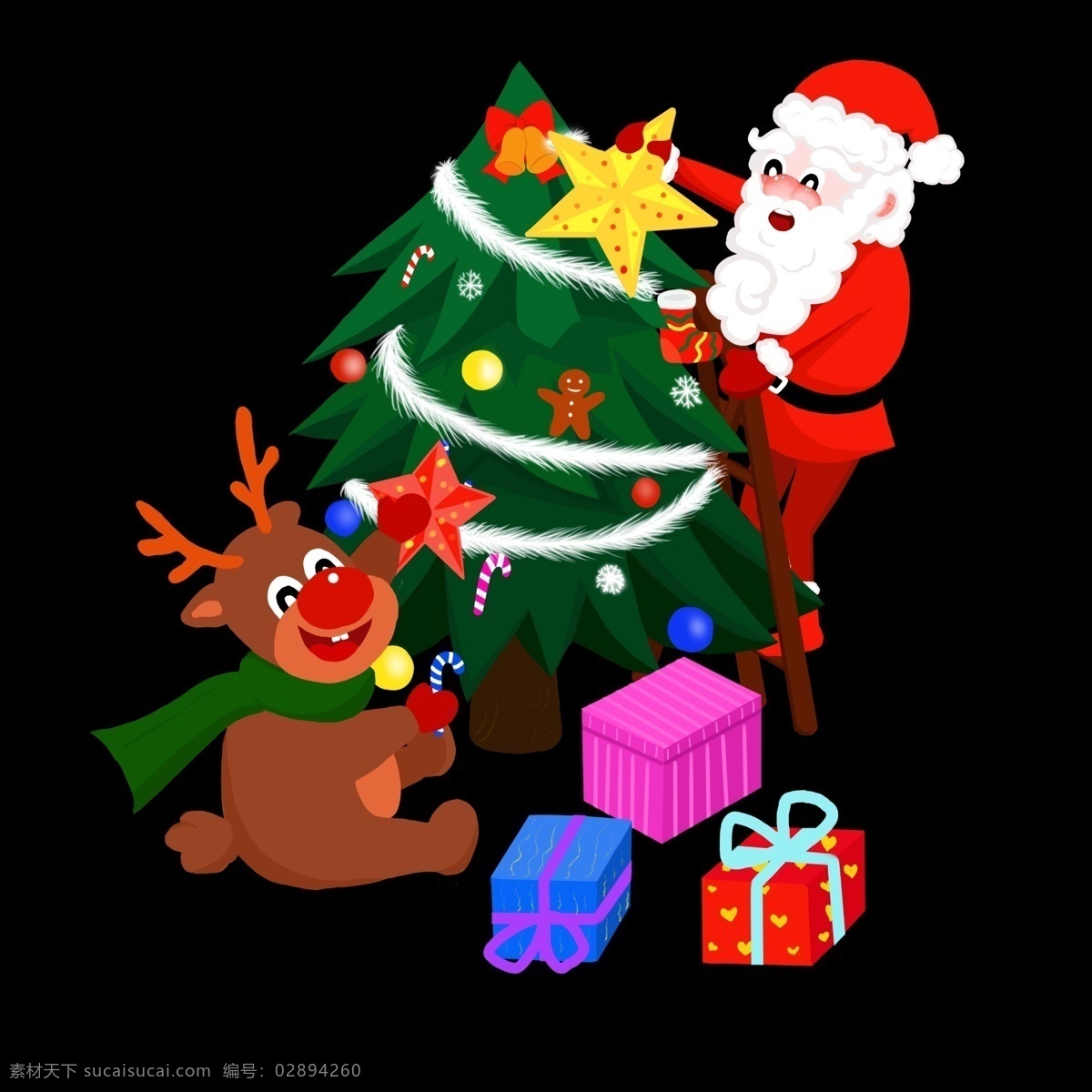 圣诞老人 圣诞树 手绘 卡通 人物 彩色 装饰 平面设计 原创 透明底 免抠 节日 海报装饰 清新 通用
