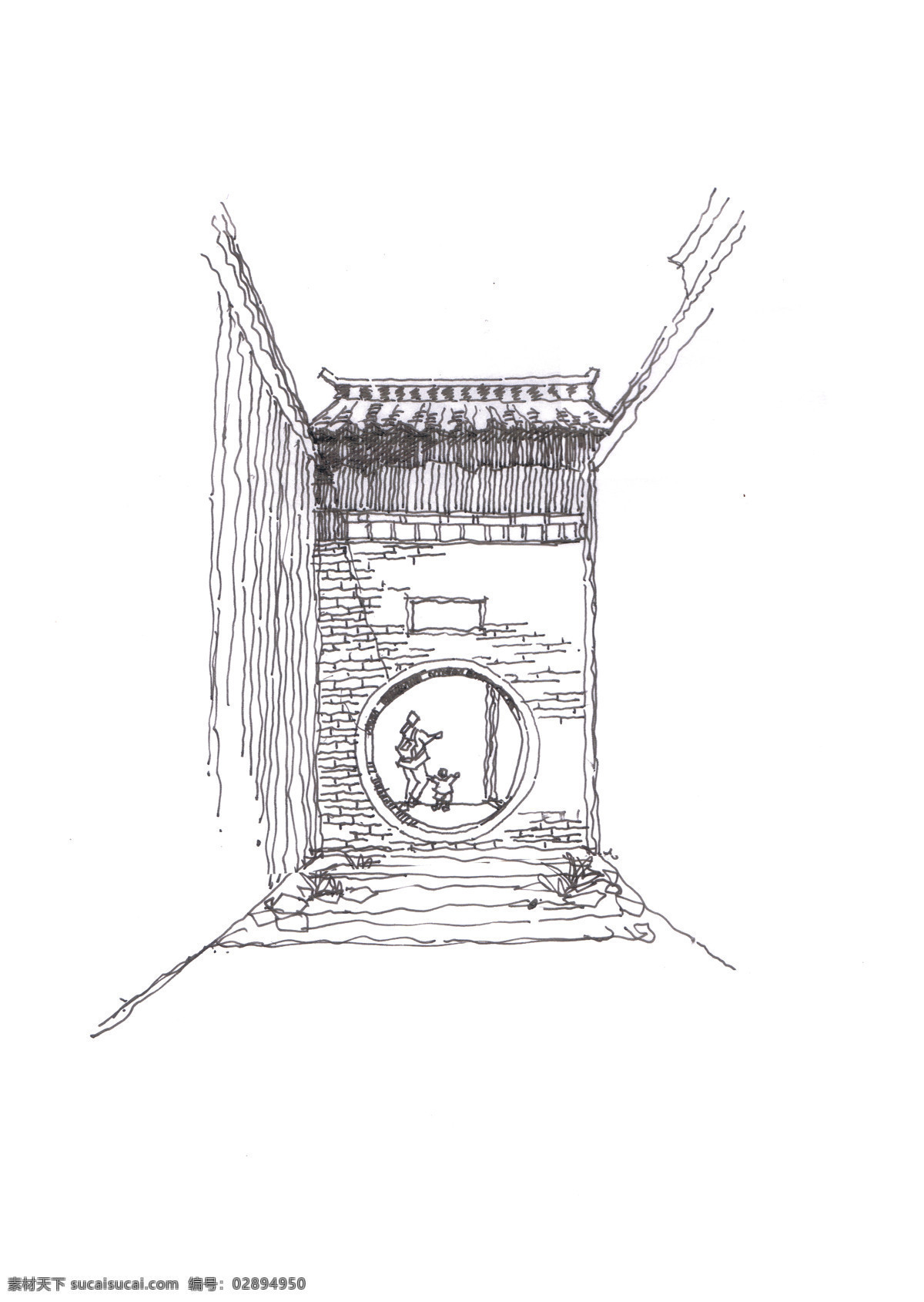 月洞门巷子 关中民居 建筑手绘 竹子 大门 院墙 民宿 民俗 手绘 环境设计 景观设计