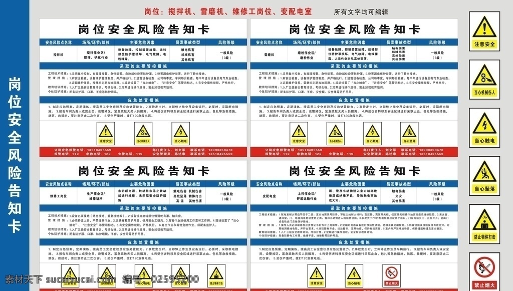 岗位 安全 风险 告知 卡 岗位安全 风险告知卡 告知卡 安全周知卡 周知卡展板 周知卡模板 危险标识 警告标识 制度牌 搅拌机 雷磨机 维修工岗位 变配电室