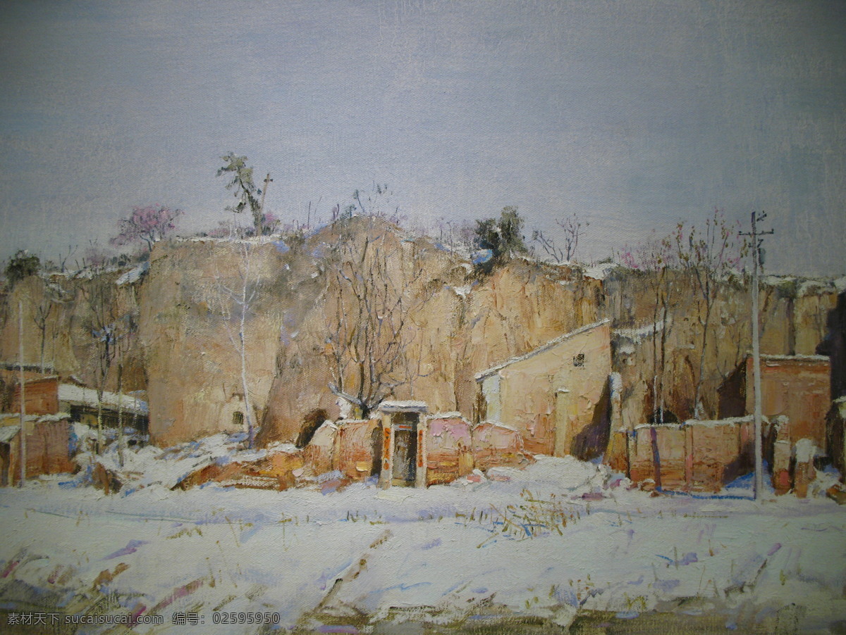 2012年 村庄 电线杆 绘画 绘画书法 山村 文化艺术 瑞雪局部 贾万雄 17869cm 布面油画 北方 黄土 村子 院落 窑洞 土崖 土塬 西北 艺术 油画 家居装饰素材