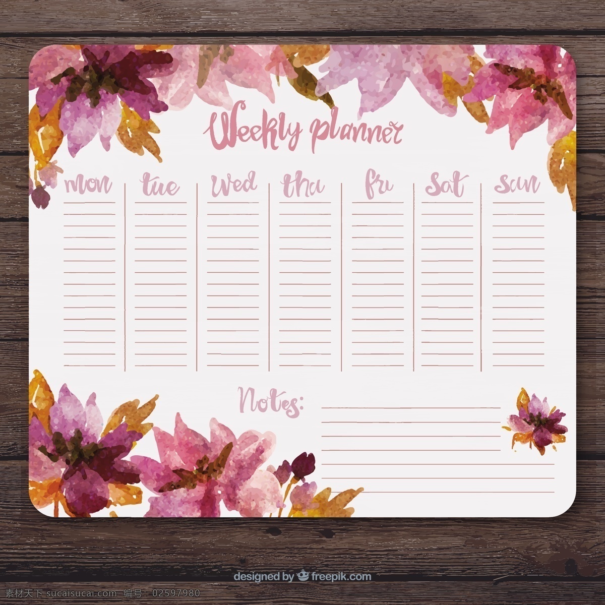 带 粉红色 花 水彩 每周 计划 花卉 商务 日历 纸 办公室 模板 可爱 议程 水彩花 日期 日程 日记 简单 美丽 白天 白色