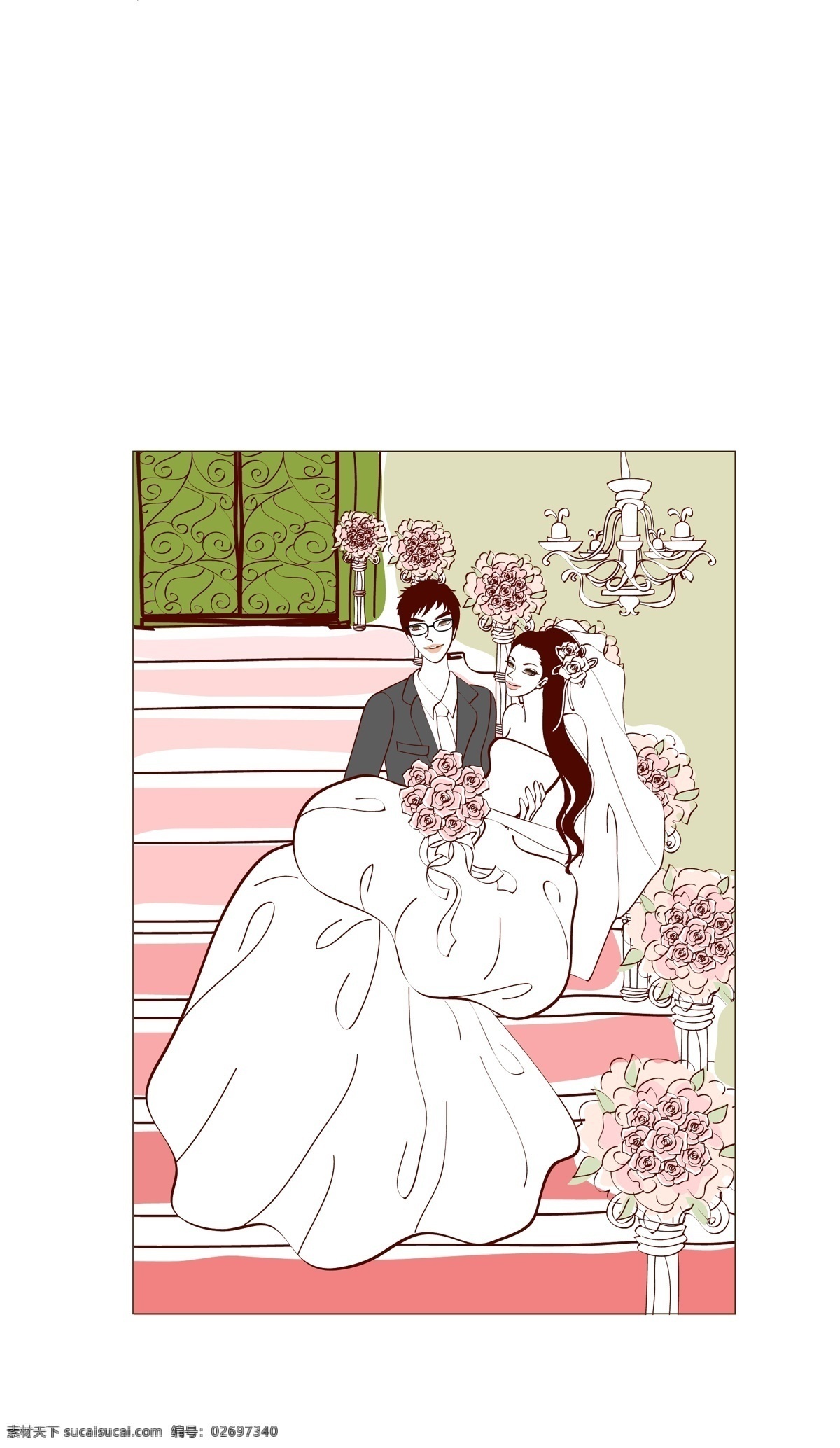 吊灯 蝴蝶结 花卉 花纹 婚纱 卡通人物 礼服 玫瑰花 模板 设计稿 新人 新郎 新娘 鲜花 台阶 公主抱 素材元素 源文件 矢量图