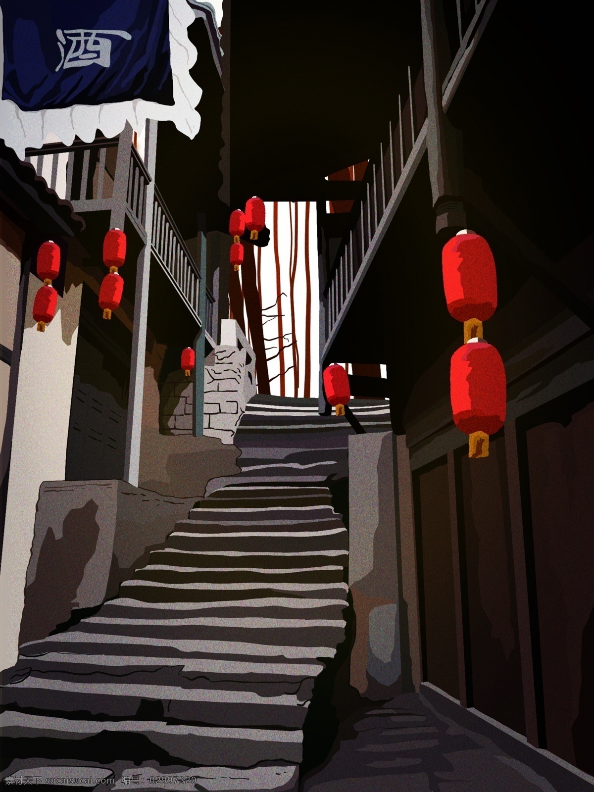 复古 建筑 中国 古代 客栈 酒楼 喜庆 节日 旅行 壁纸 插画 古风 打尖 住宿 灯笼 红灯笼 阶梯 古屋 木屋 老 东方 景点 古迹 古风建筑 复古建筑 旗子 写实 矢量