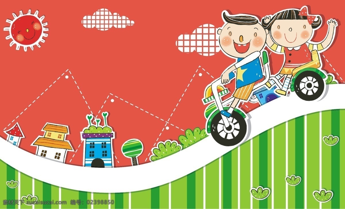 童话 世界 卡通 插画 童话世界 背景素材 卡通人物 梦想世界 儿童世界 漫画 梦幻世界 卡通设计 骑自行车 草地 草坪 红色